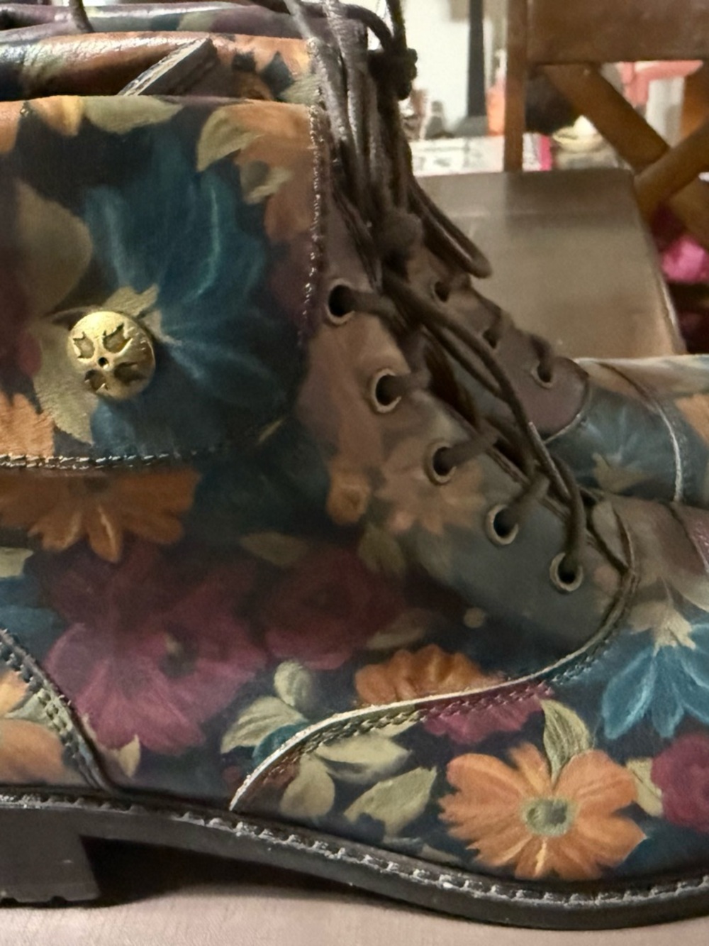 Patricia Nash Floral Leather Lace-Up Ankle Boots in Blue, Brown & Gold Tones - Picture 3 of 10